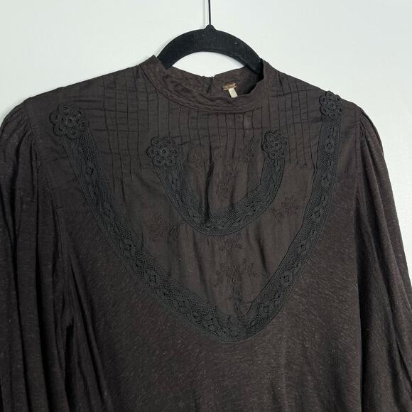 Free People XSmall Dark Gray Femme Fatale Bell Sleeve Top Embroidered Open Back - Picture 3 of 13